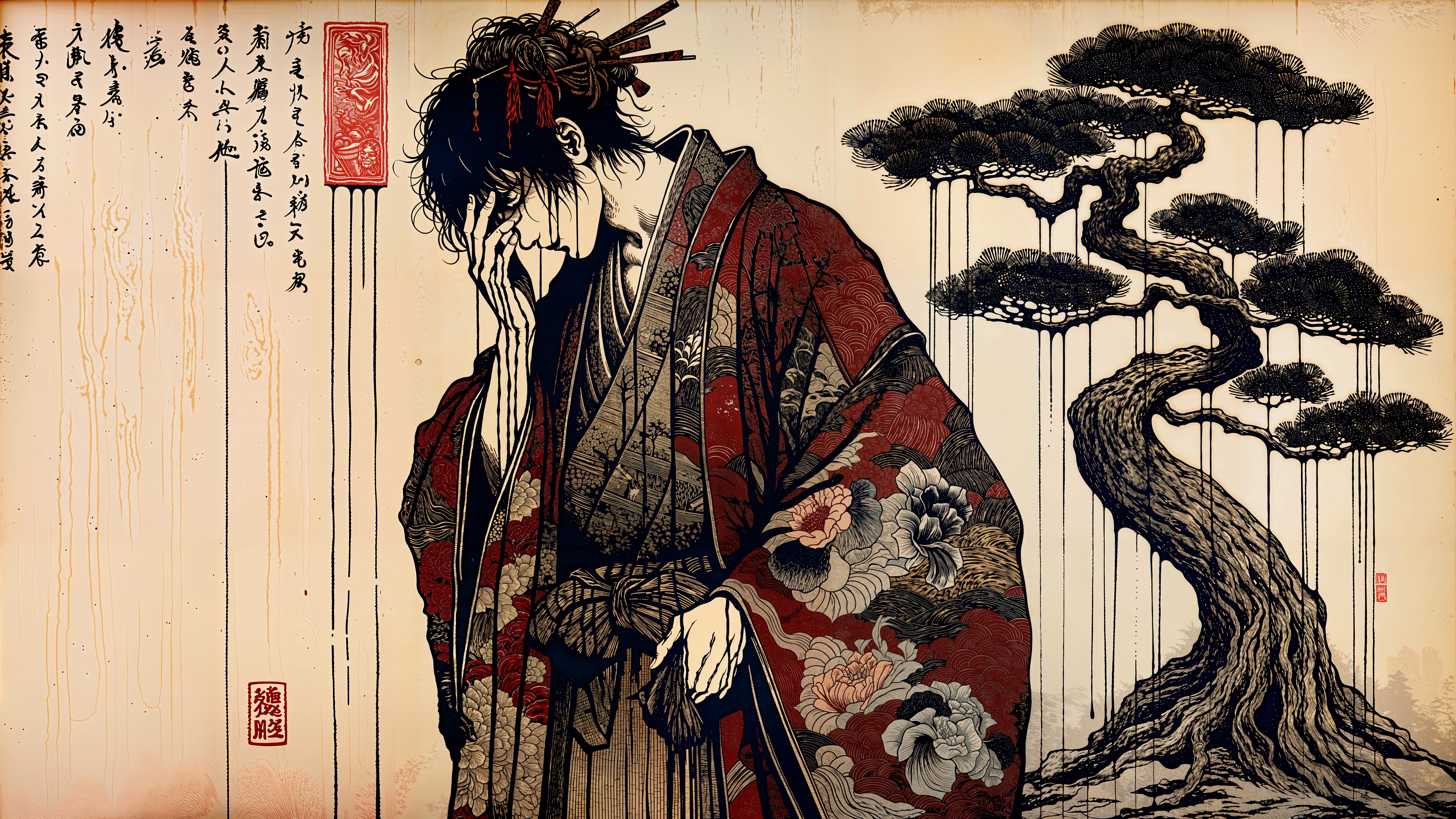 Traditional Japanese Figure in Kimono with Calligraphy