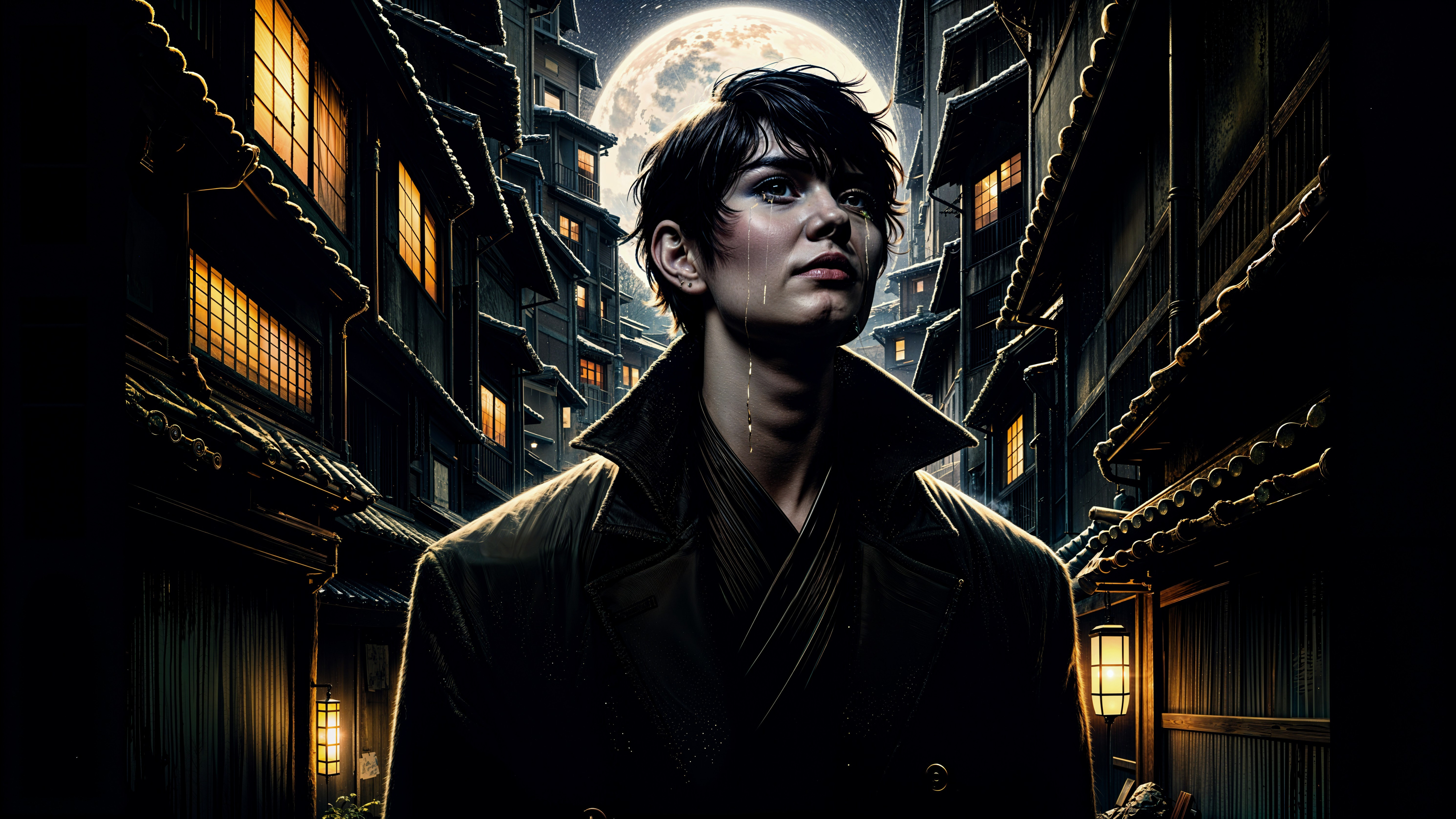 Mysterious Figure in Alleyway Under Moonlight