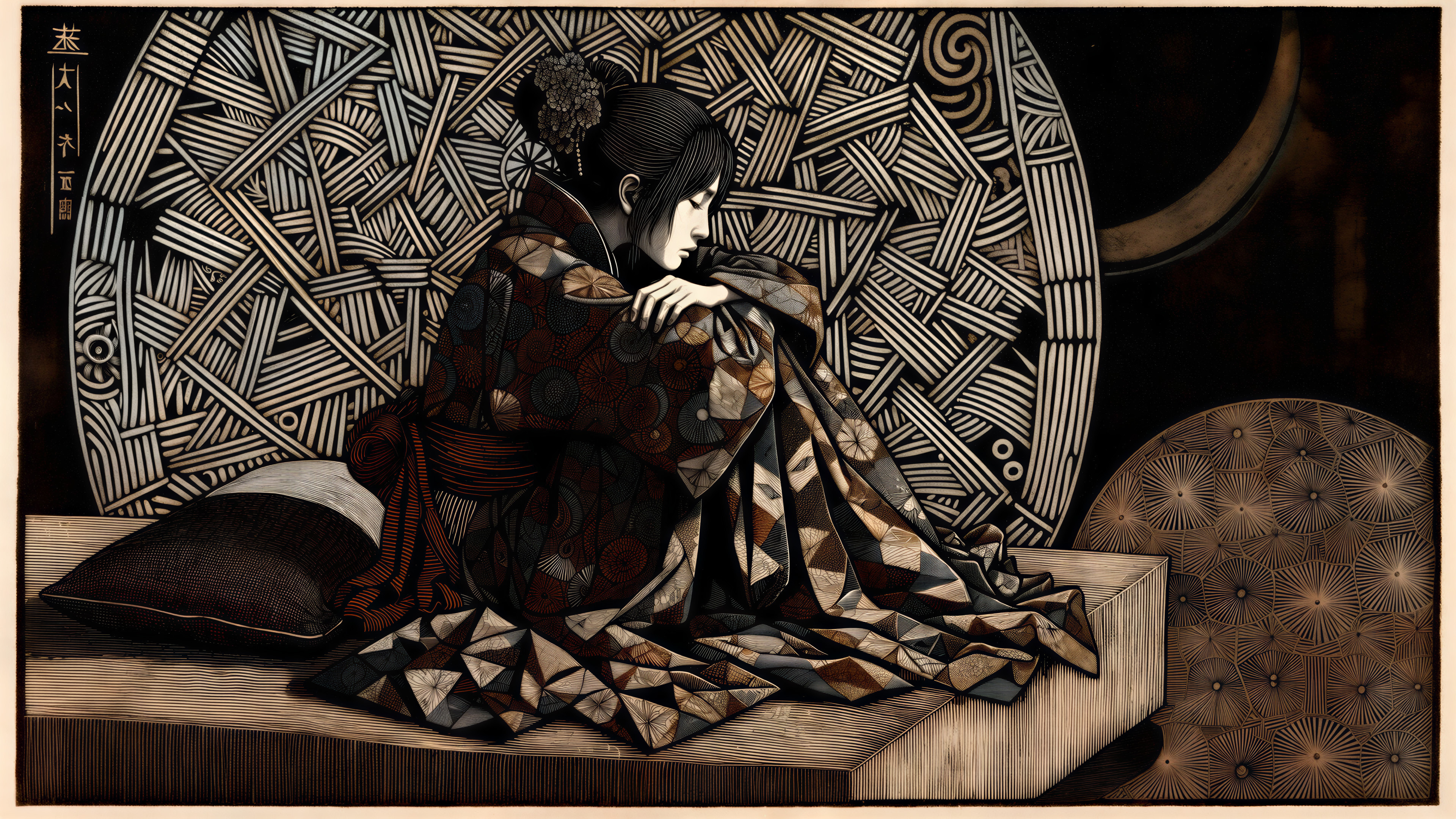 Contemplative Figure in Patterned Kimono Artwork