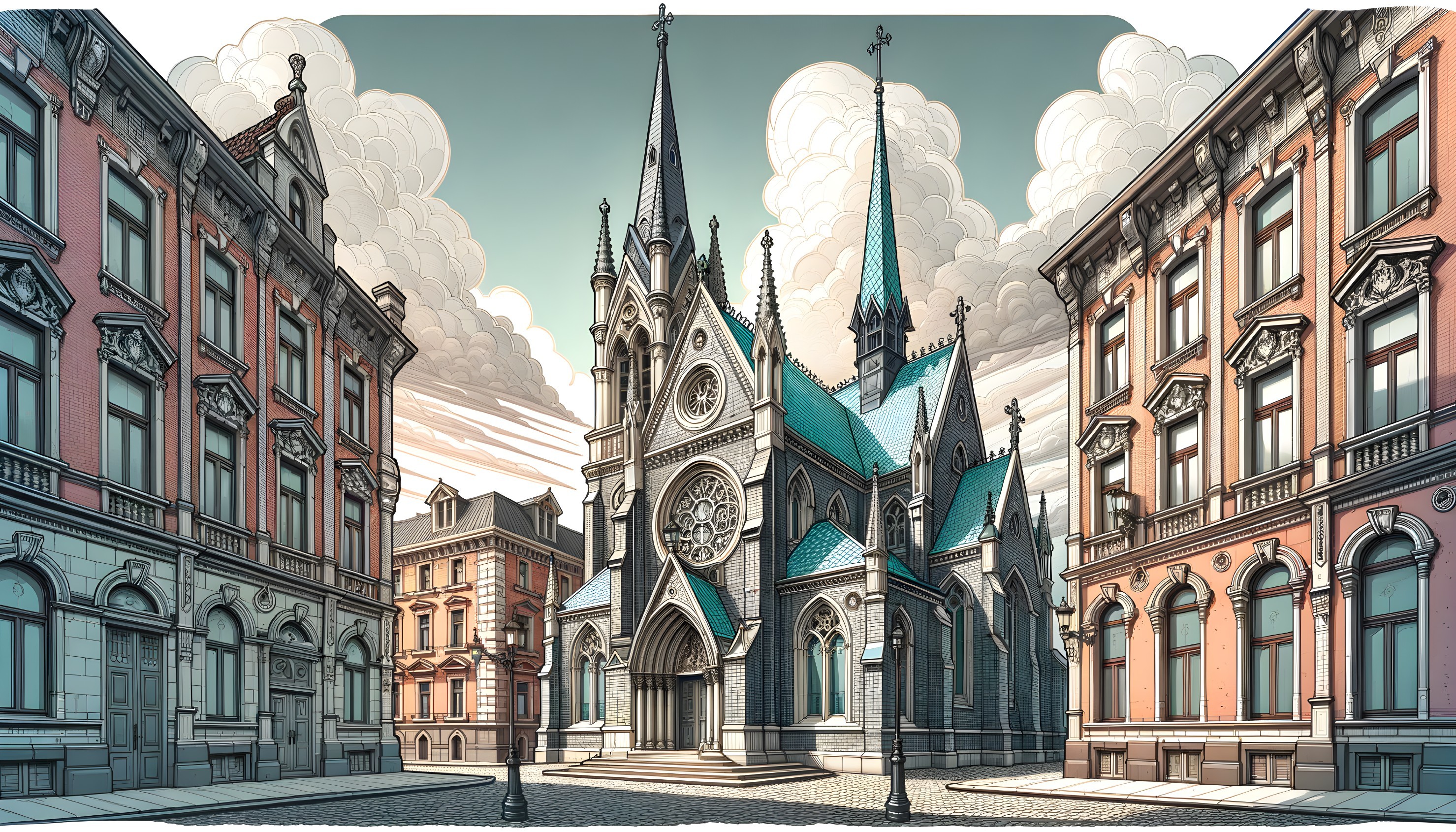 Gothic Church with Blue Roof in Charming City Scene