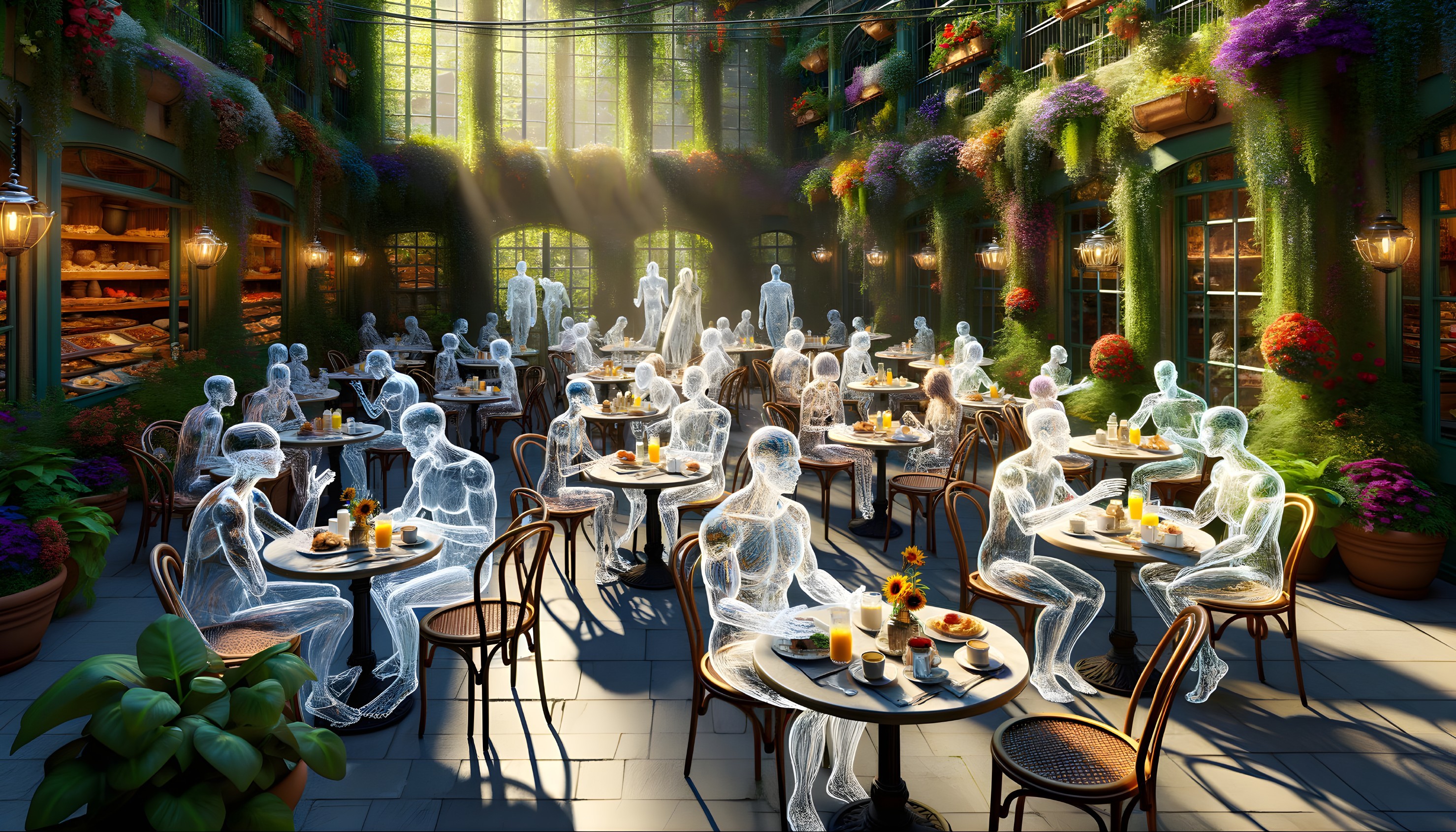 Vibrant café scene with translucent figures and greenery