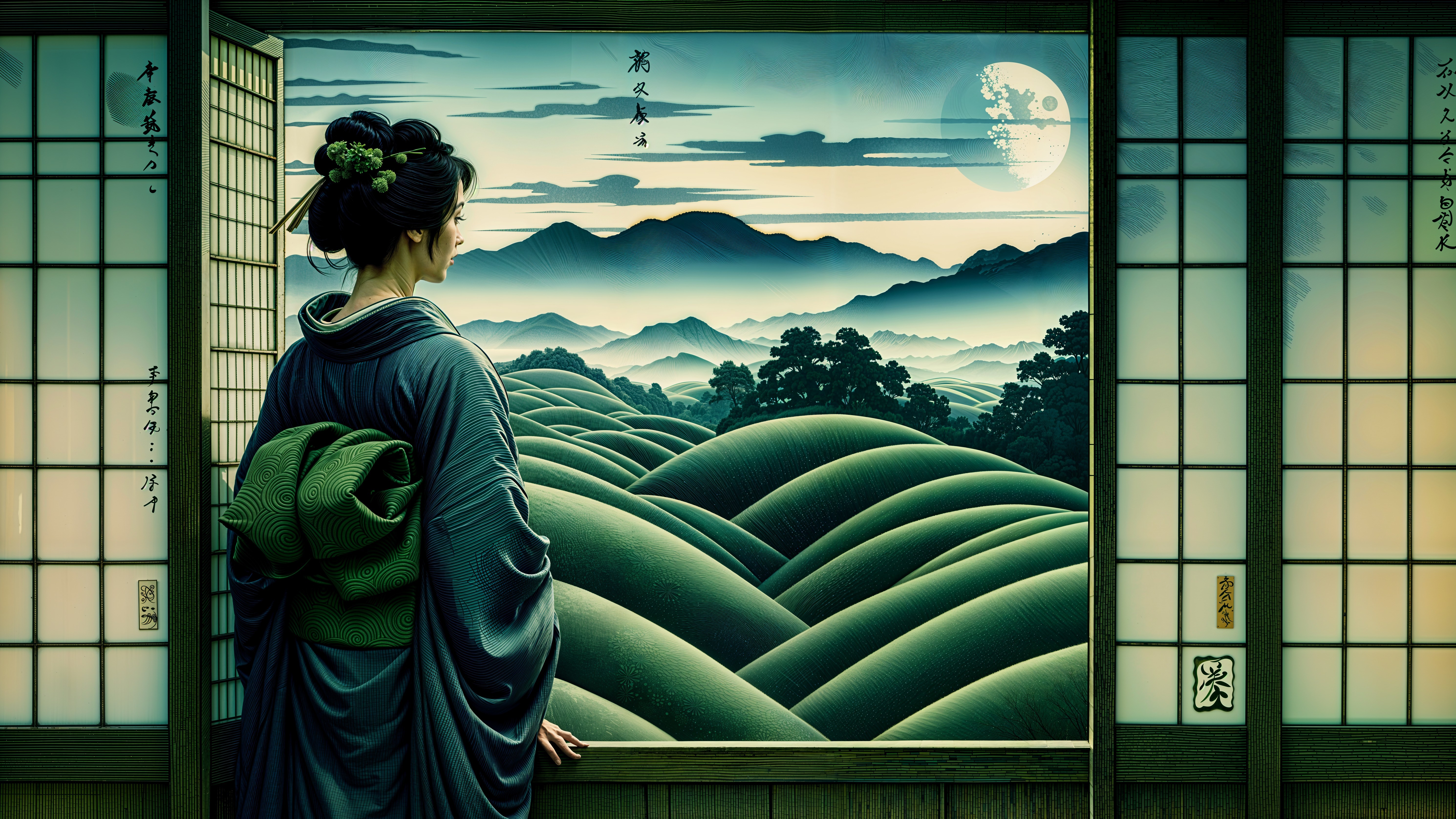 Woman in Kimono Viewing Moonlit Landscape Through Shoji