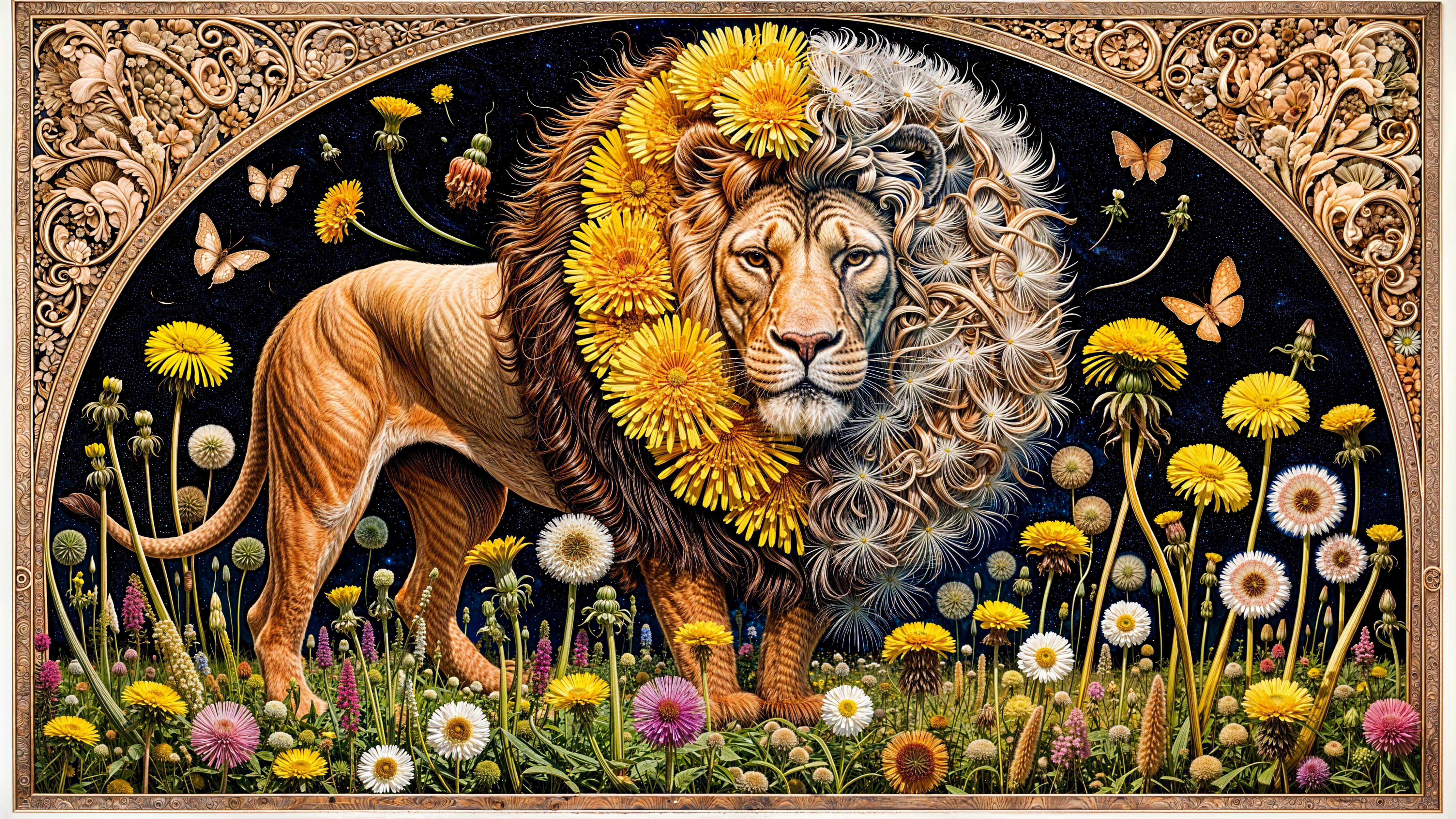 Surreal Lion with Dandelion Mane in Night Sky