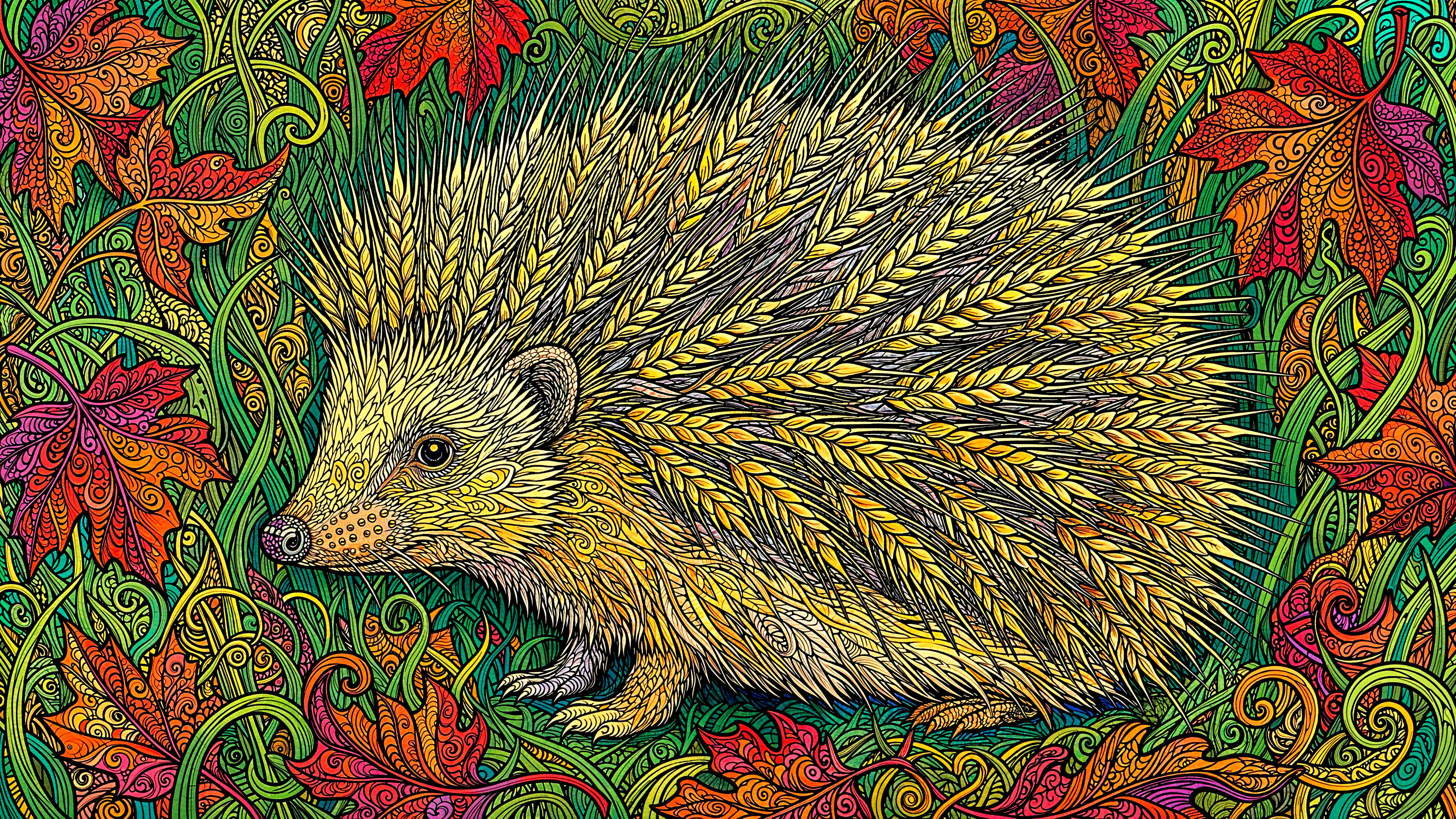 Intricate Illustration of a Hedgehog with Wheat Spines