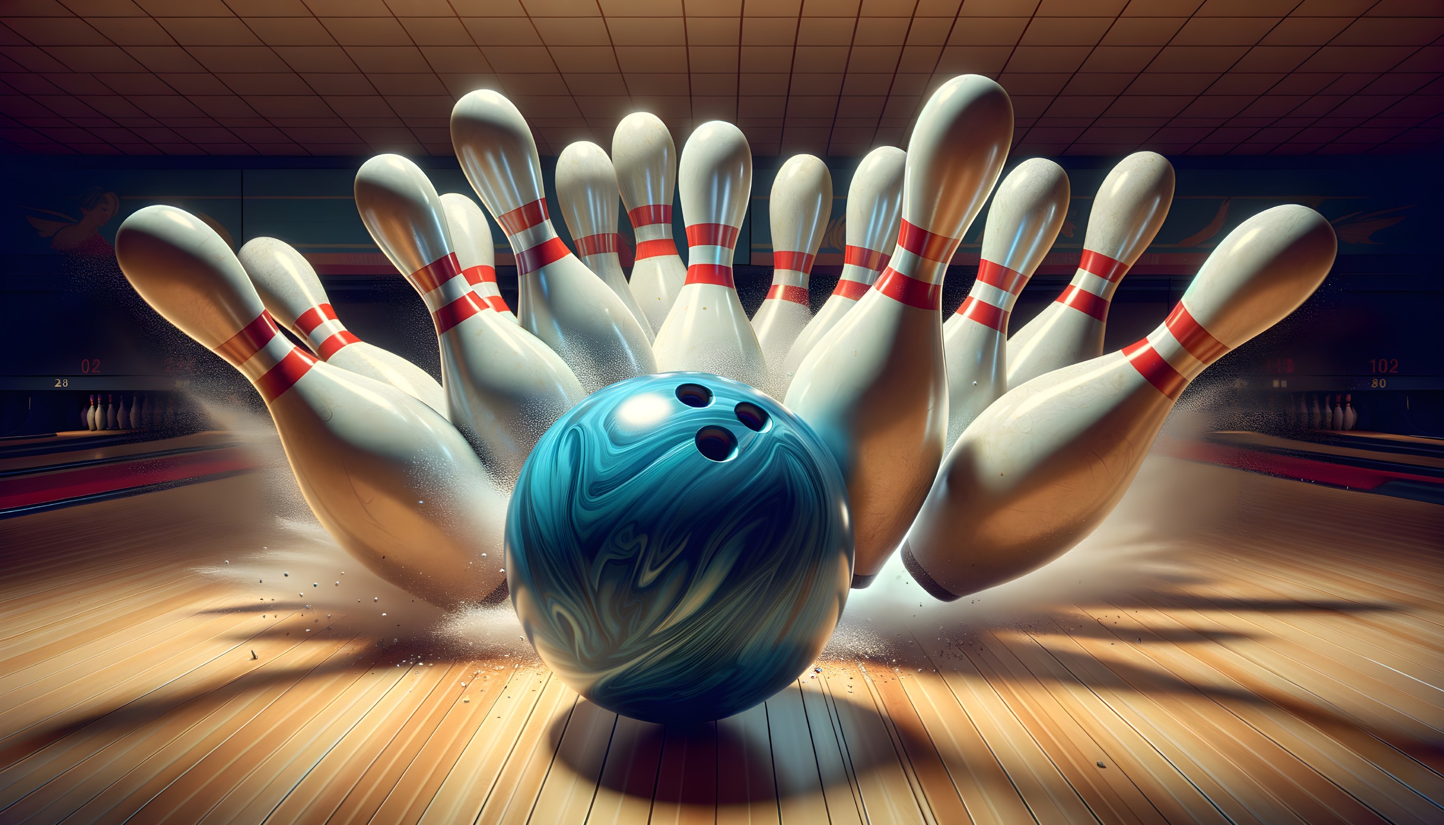 Dynamic Bowling Scene with Blue Ball and Striped Pins