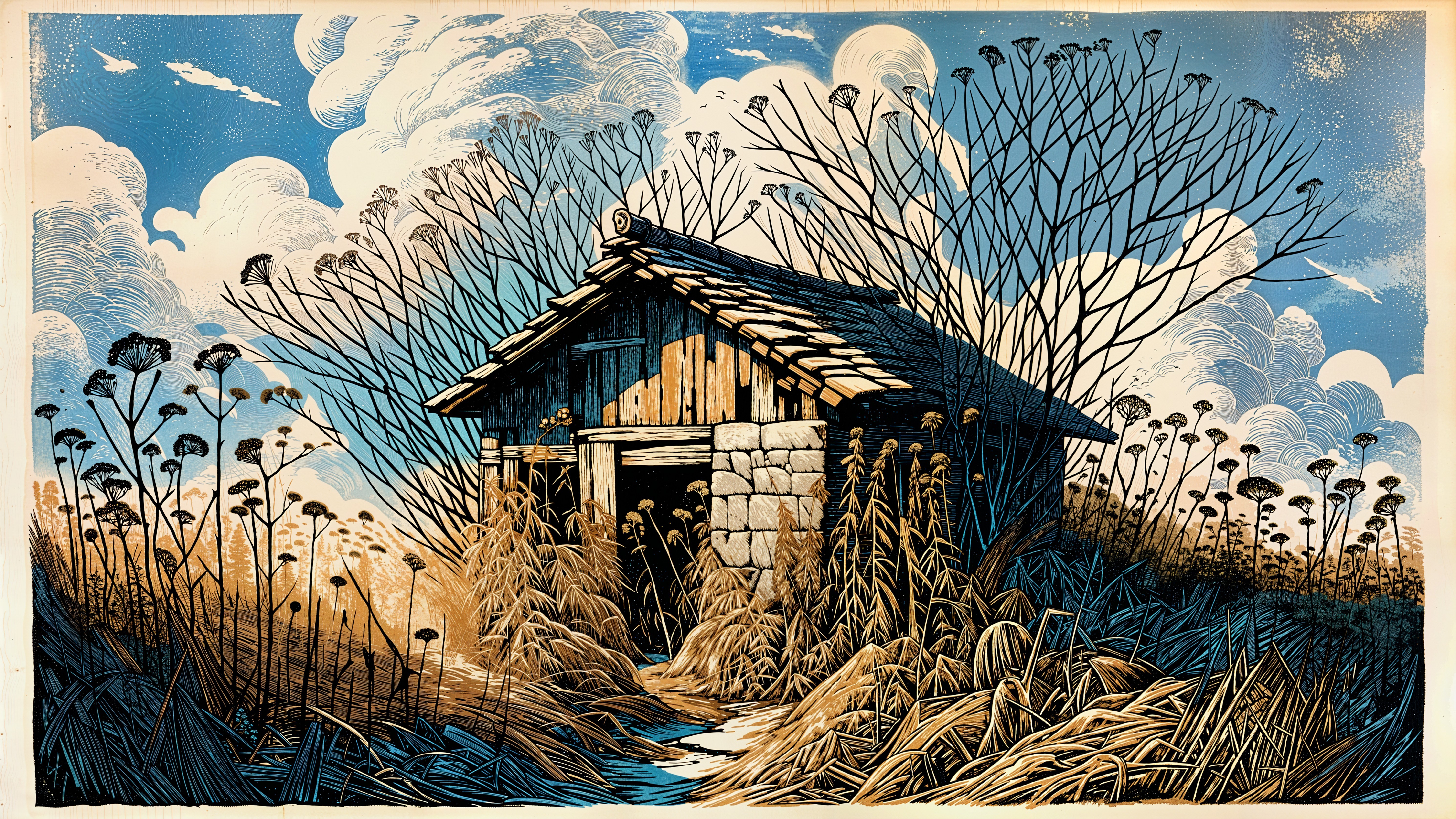 Rustic Cabin in Tall Grass Under Blue Sky