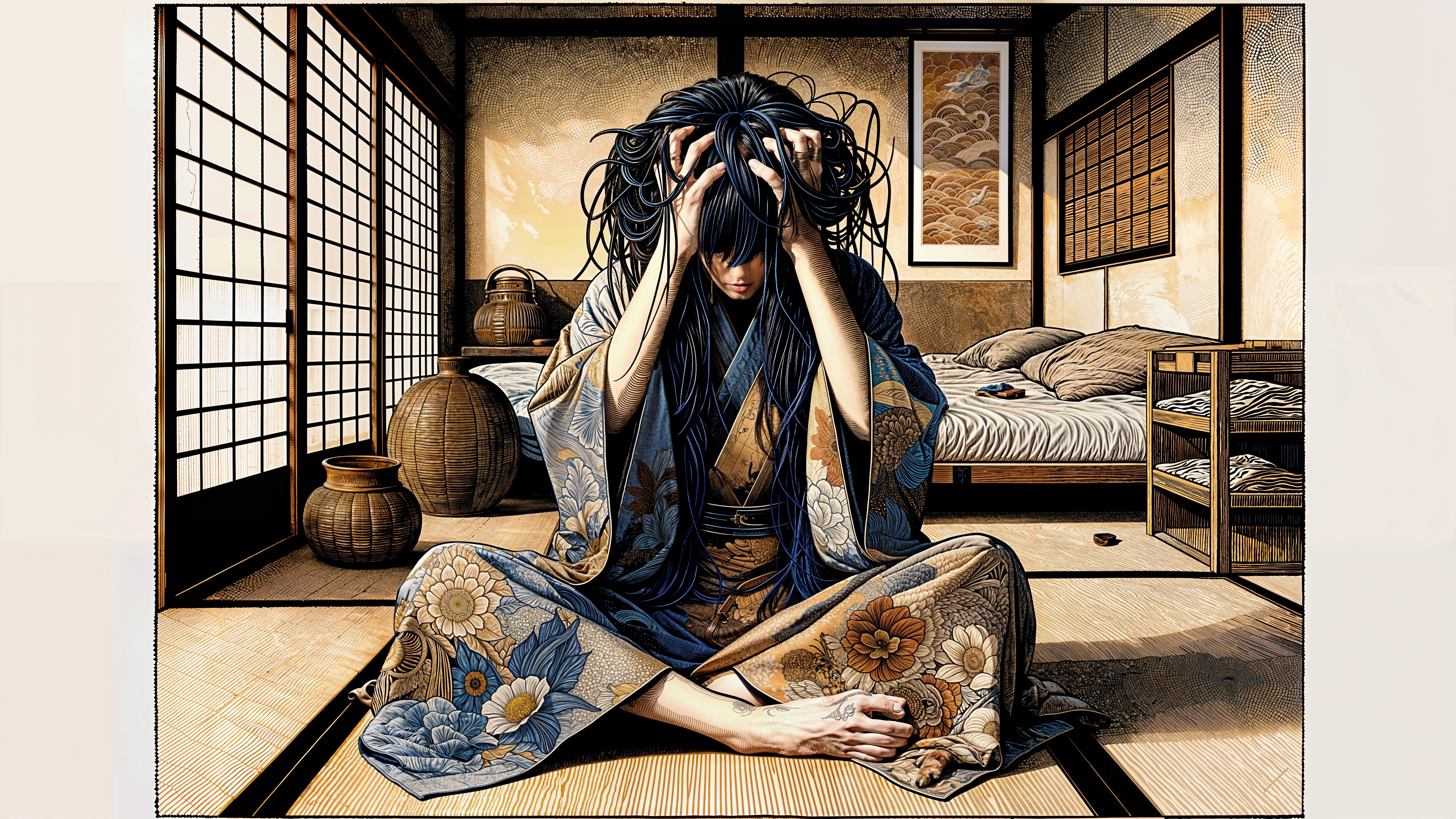 Japanese Room with Figure in Distress and Kimono