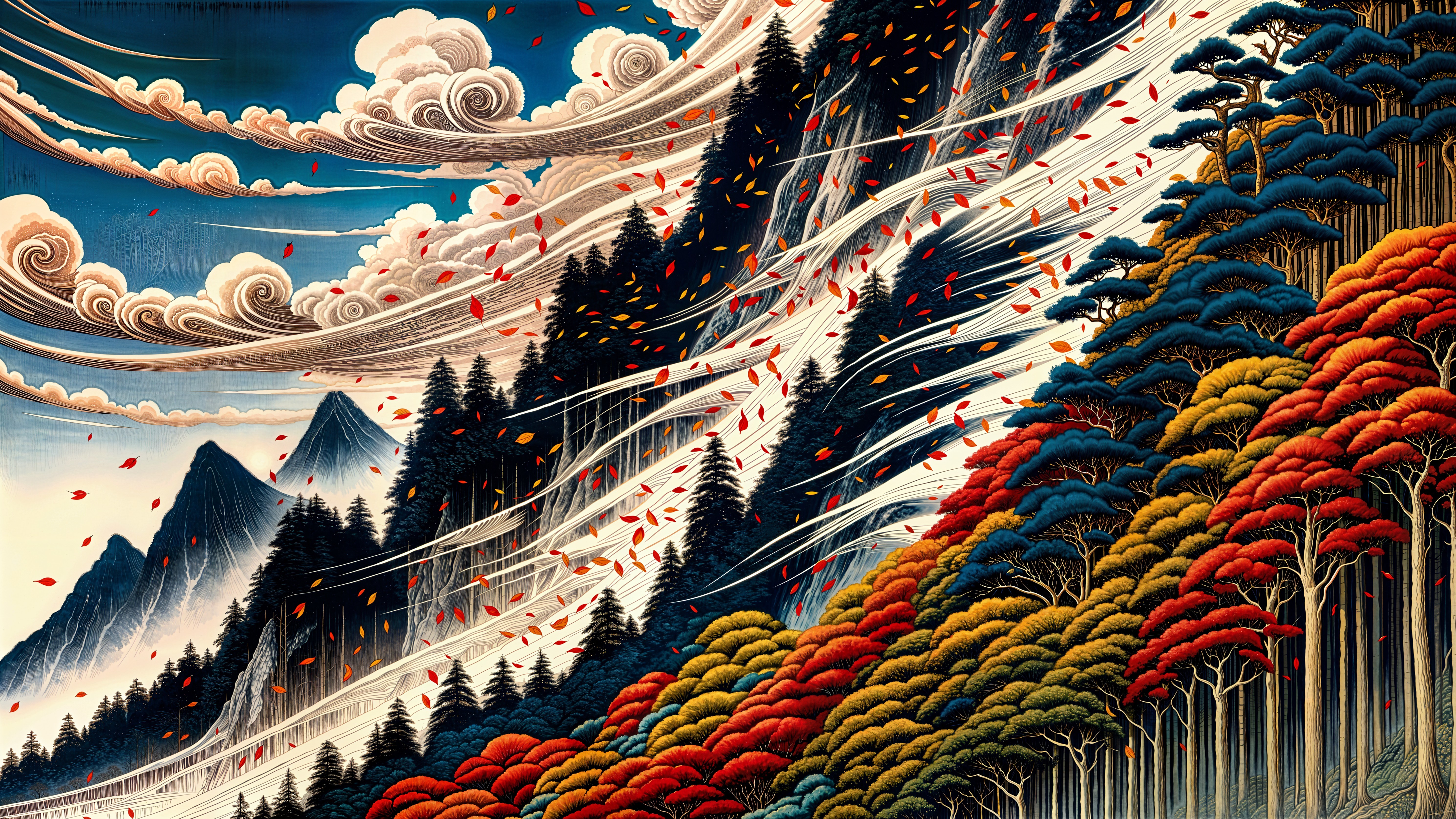 Vibrant Landscape with Swirling Clouds and Trees
