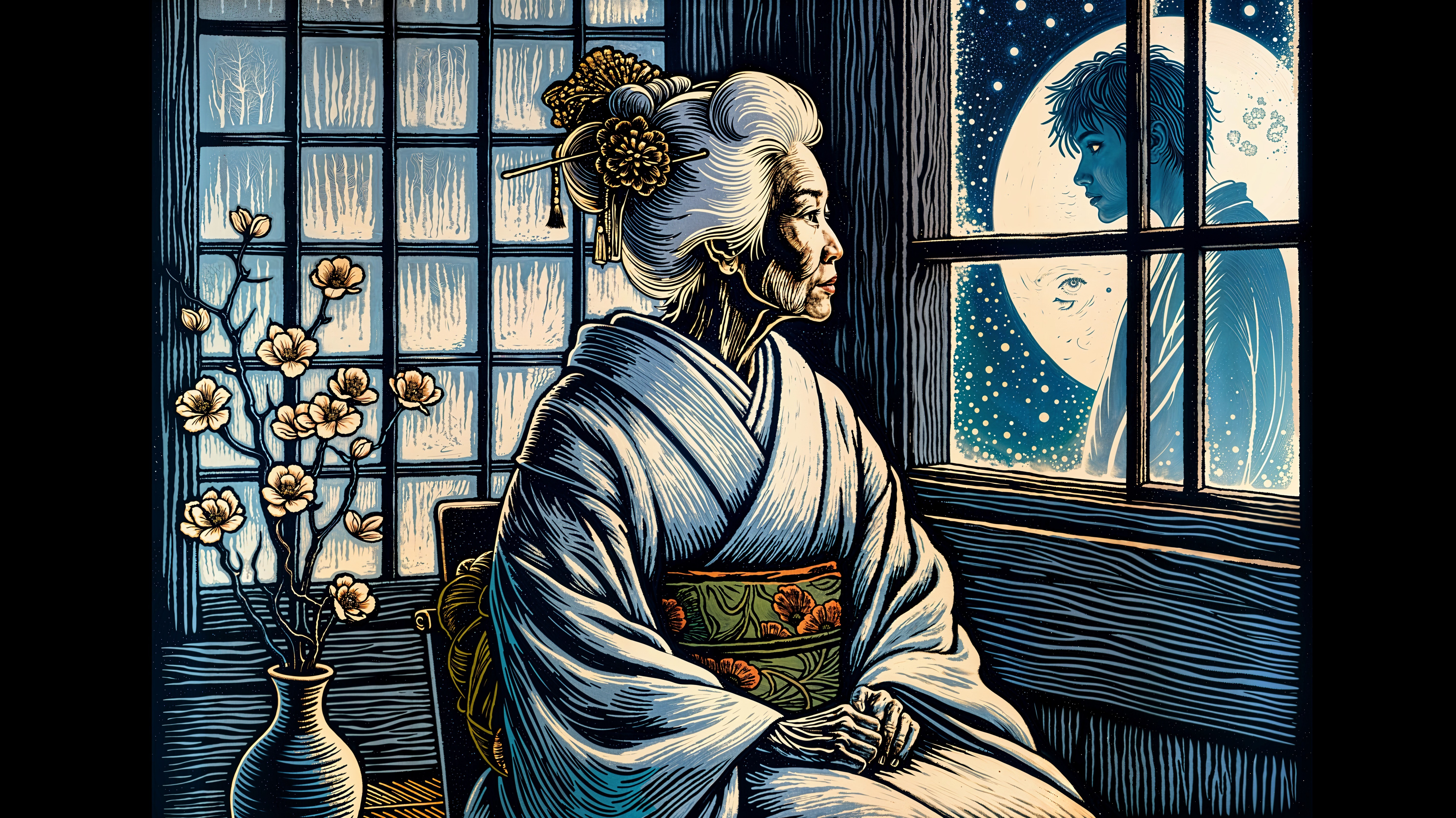 Elderly Woman in Traditional Attire by Window at Night