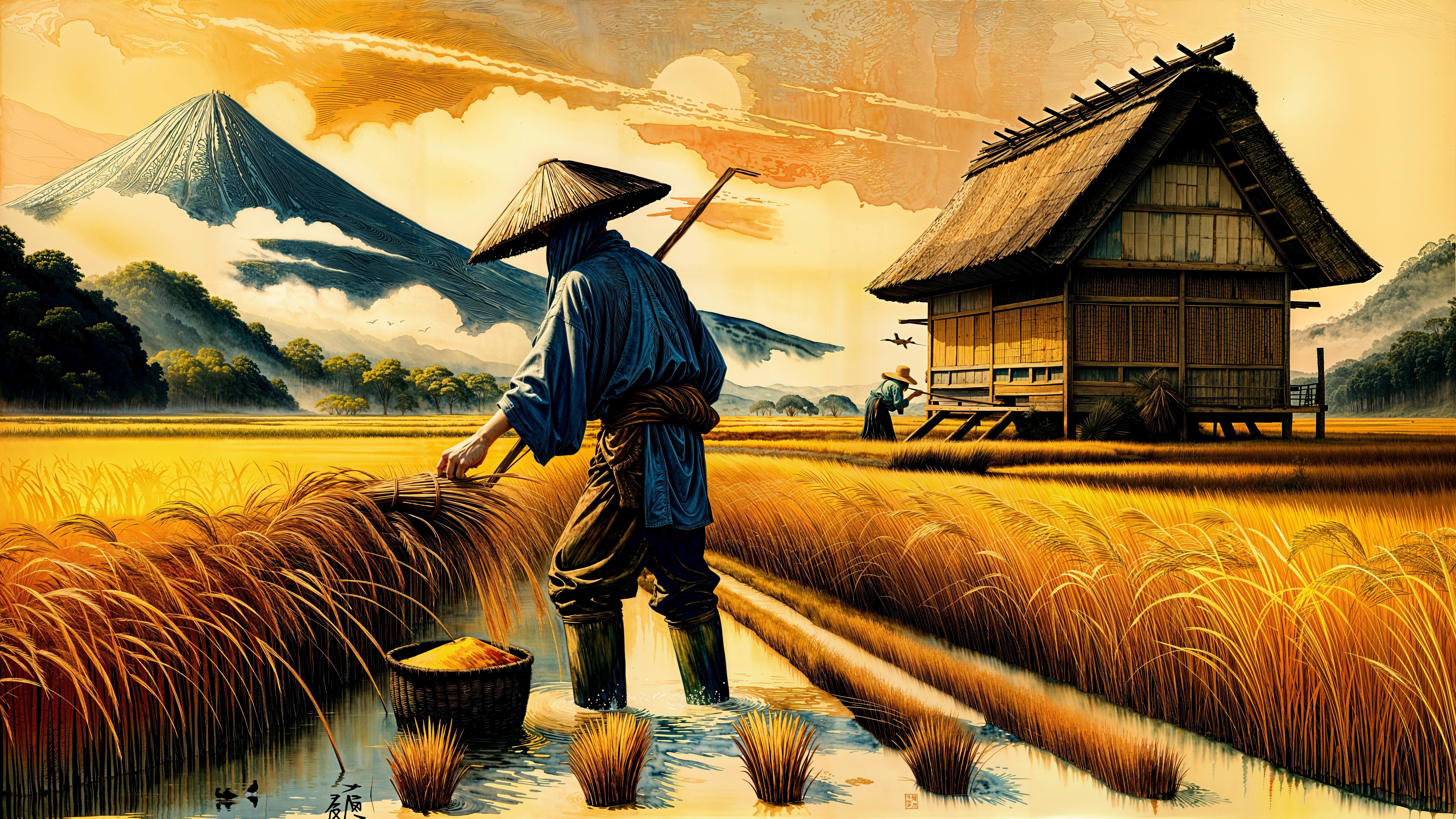 Serene Rice Field with Farmer and Mountain Background