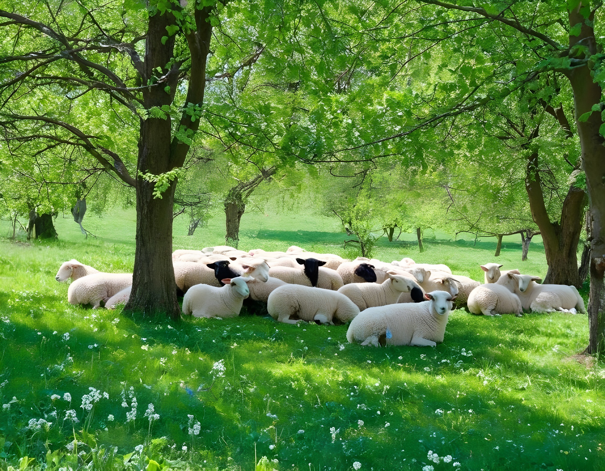 Sheep Resting in a Green Meadow with White Flowers