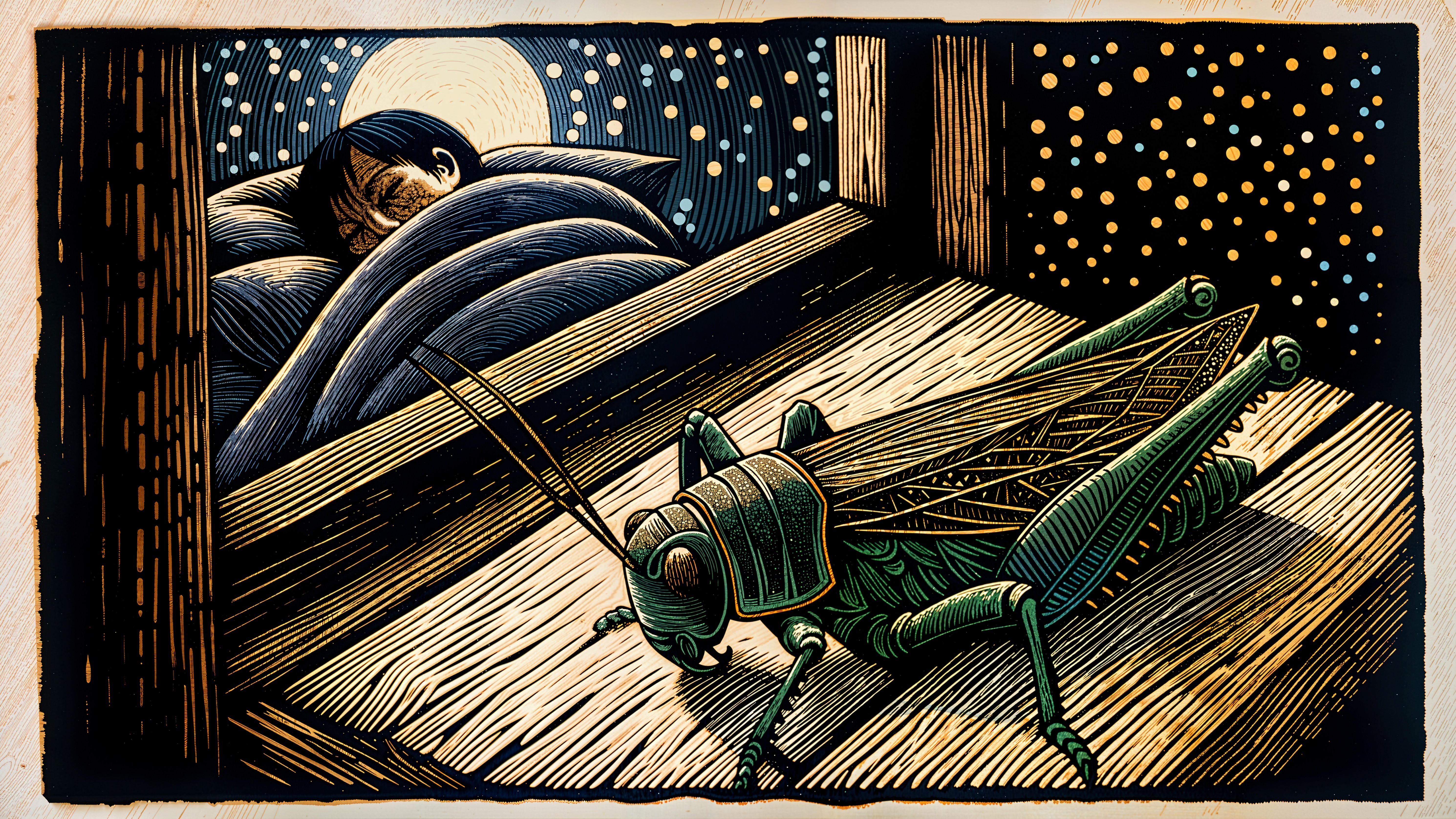 Child in Bed with Moonlit Window and Grasshopper