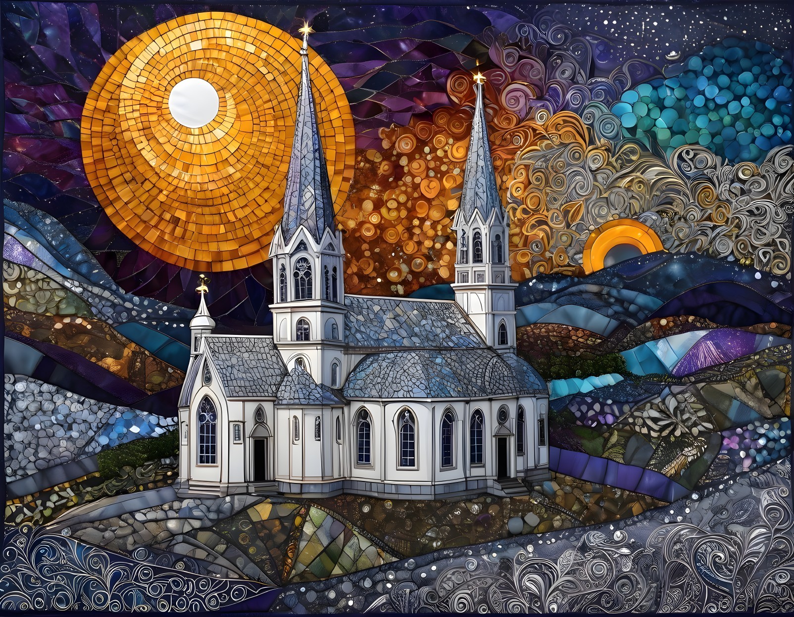 Colorful mosaic artwork: white church, golden sun, rolling hills, starry sky.