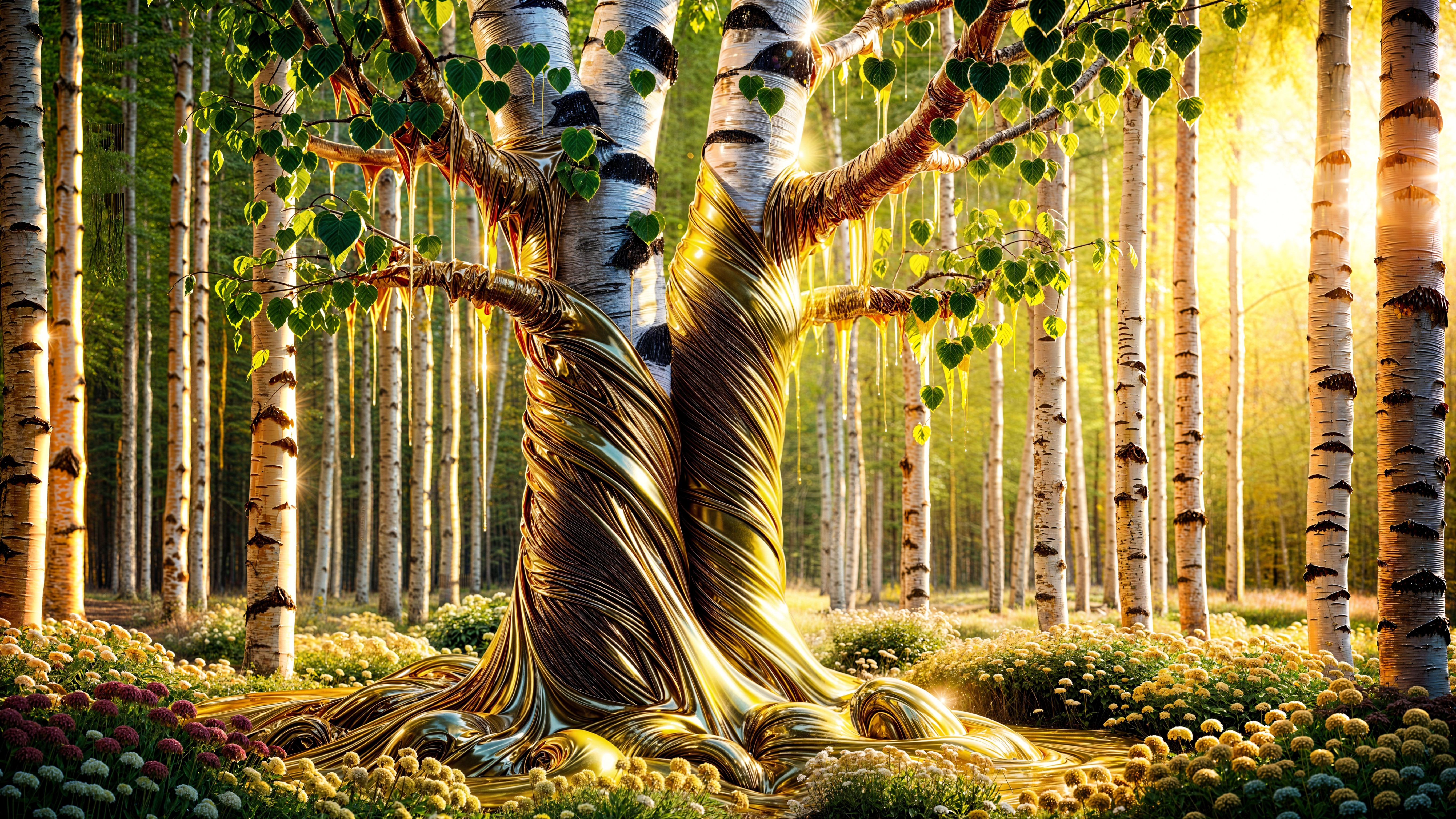 Majestic tree in sunlit forest with golden fabric bark