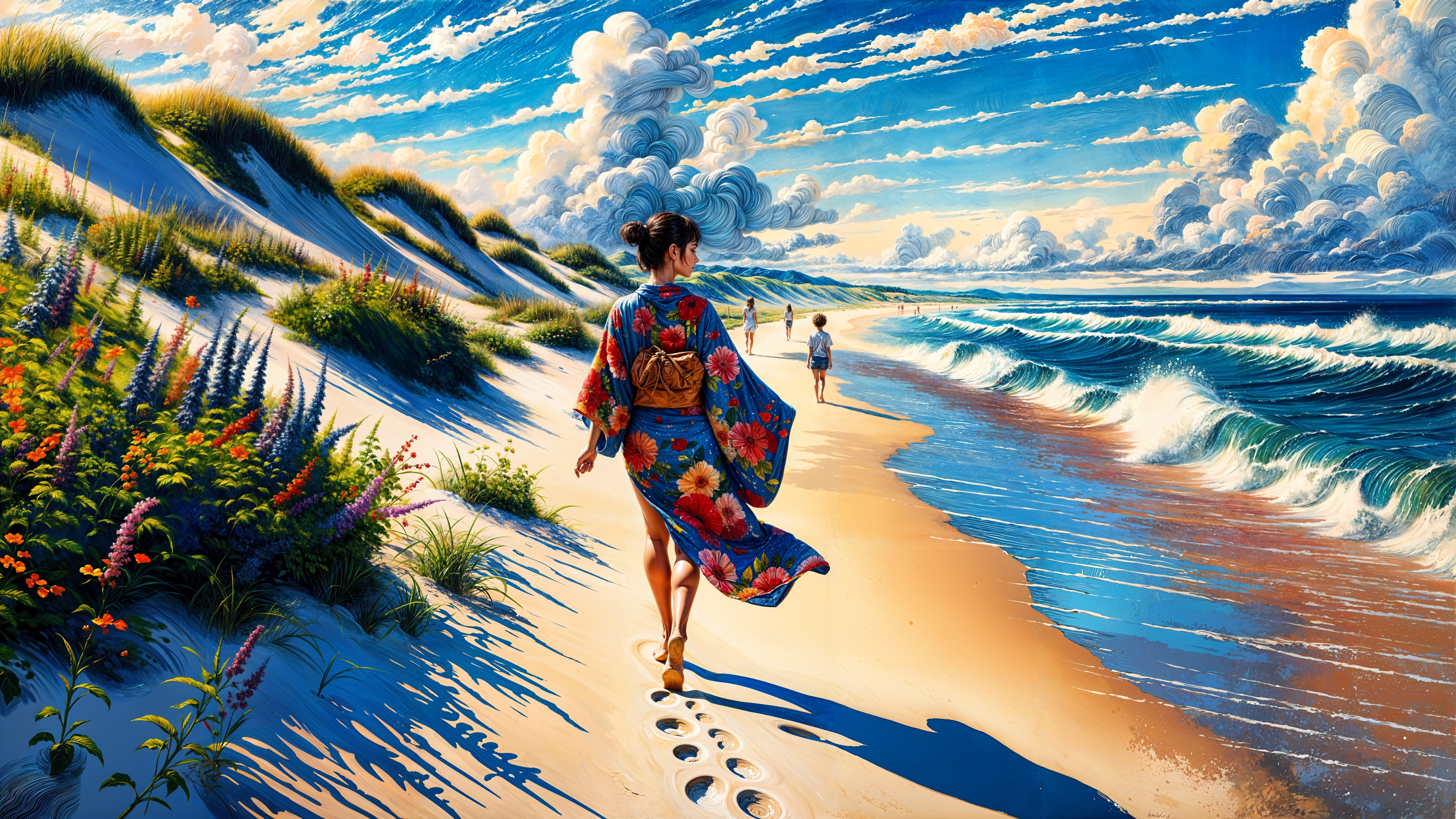 Serene Beach Scene with Woman in Floral Kimono
