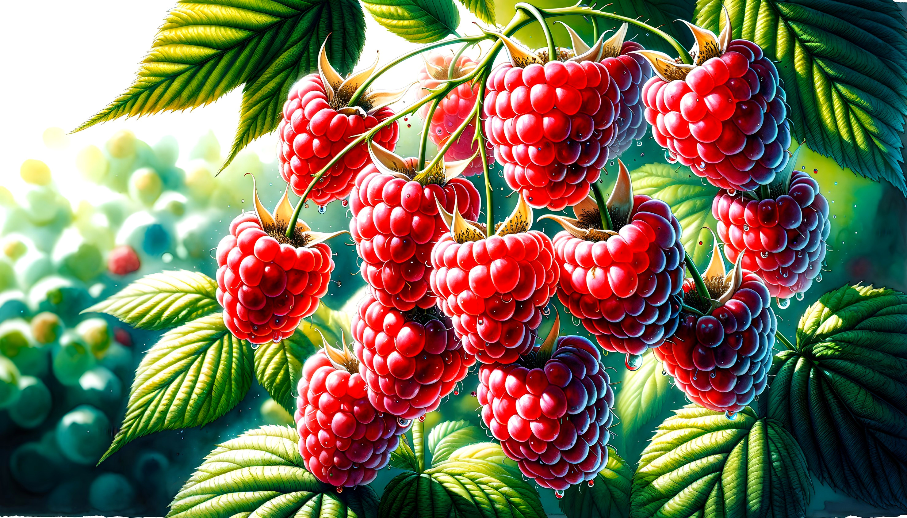Vibrant Red Raspberries Among Lush Green Leaves