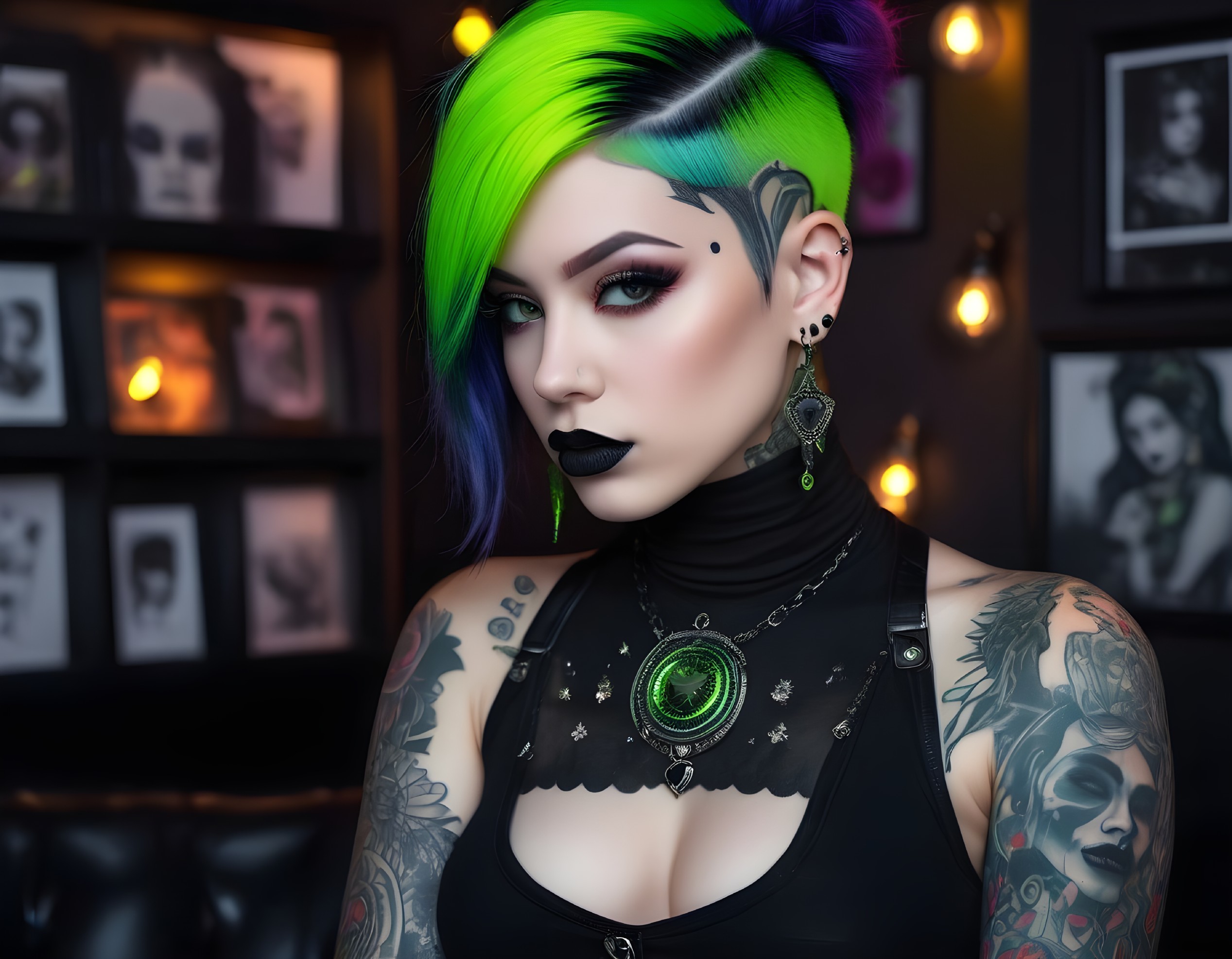 Individual with Green and Purple Hair and Tattoos