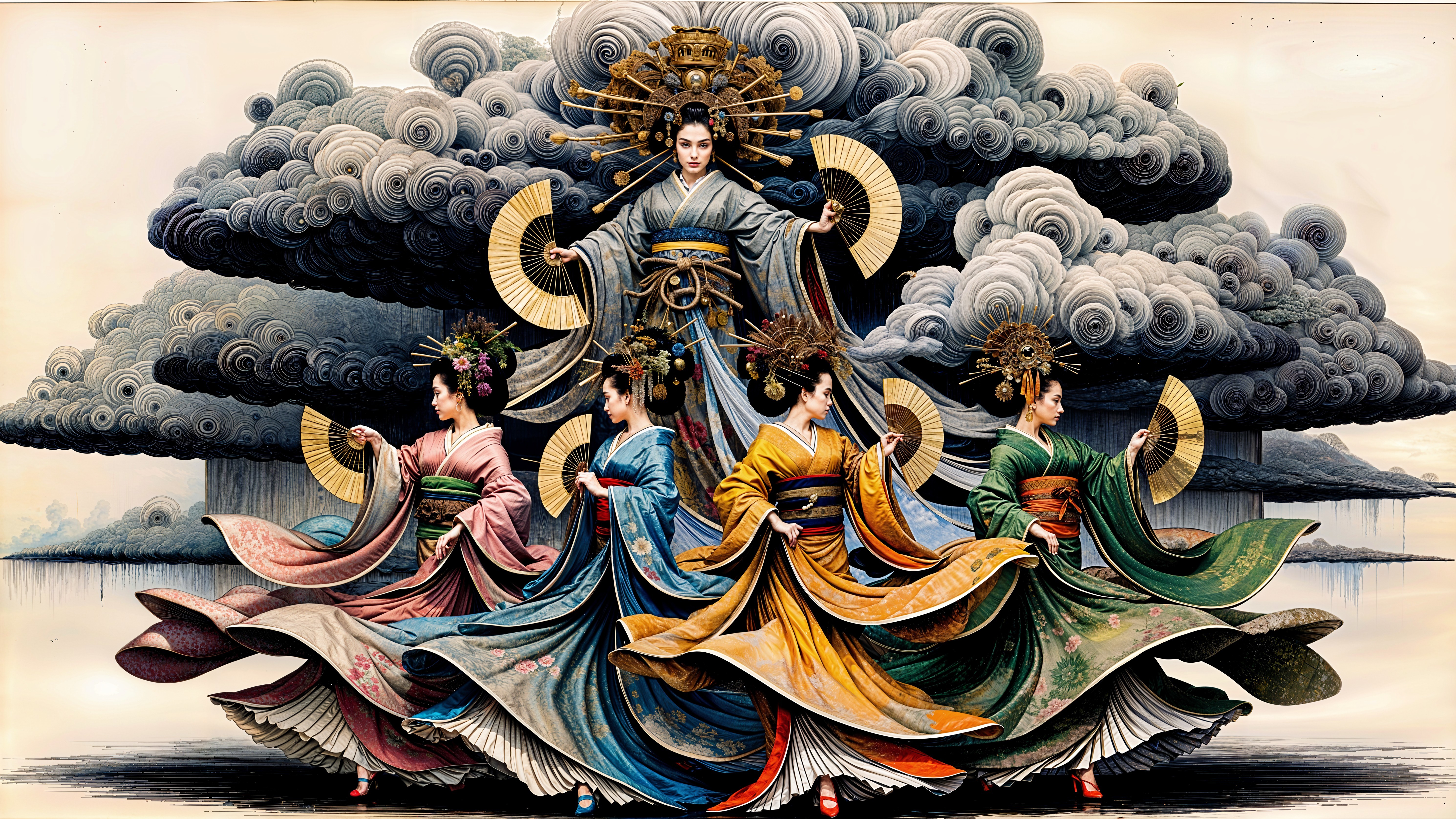 Majestic figure in traditional attire with dancers