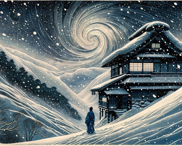 Winter Landscape with Wooden House and Night Sky Vortex