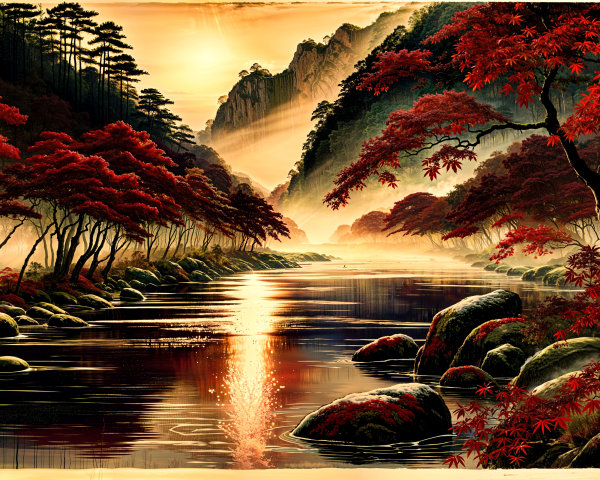 Tranquil River in Autumn Valley with Maple Trees
