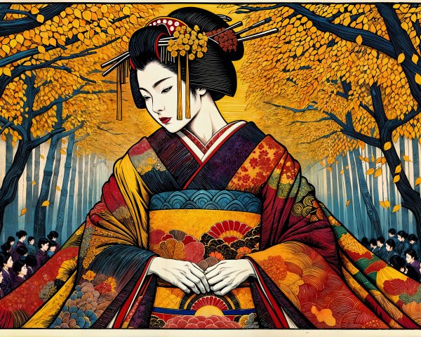 Graceful Figure in Kimono Surrounded by Autumn Leaves