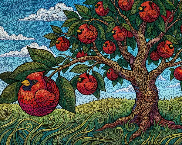 Art Nouveau Digital Artwork of Tree with Red Cardinals