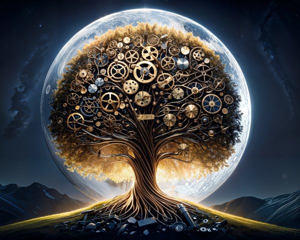 Mechanical Tree in Starry Landscape with Moon