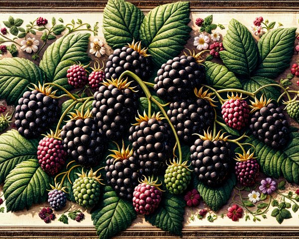 Illustration of Blackberries with Green Leaves and Flowers
