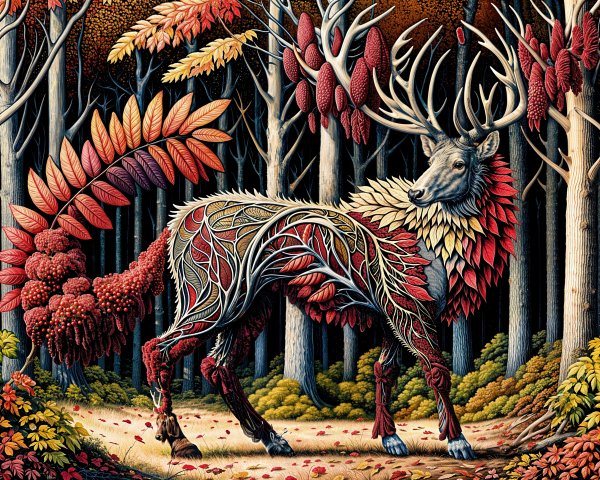 Intricate Illustration of a Deer-Like Creature in Autumn Forest