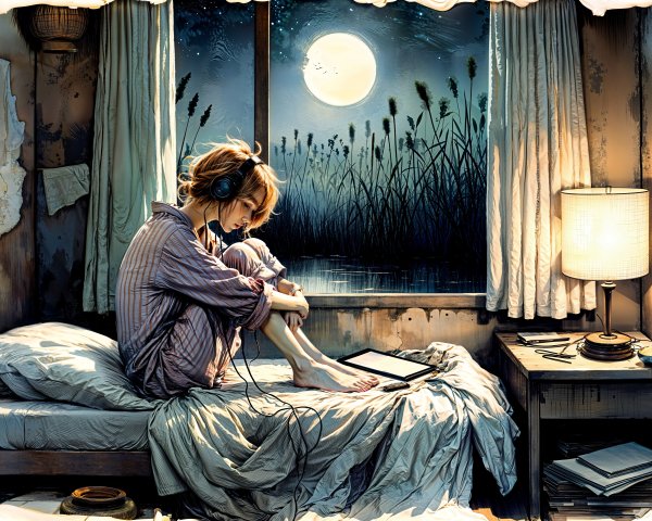 Young Woman in Dim Room with Moonlit Window Scene
