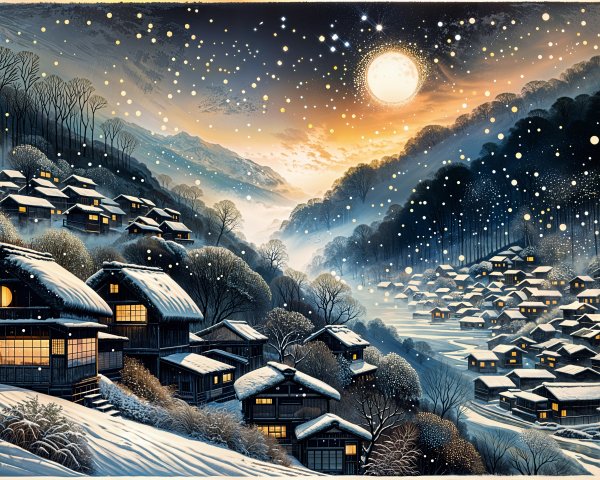 Serene Winter Landscape with Snowy Village and Moon