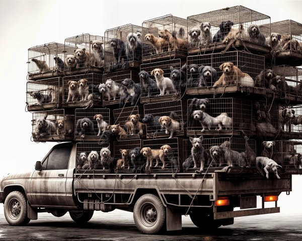 Overloaded Pickup Truck with Caged Dogs Displaying Emotions