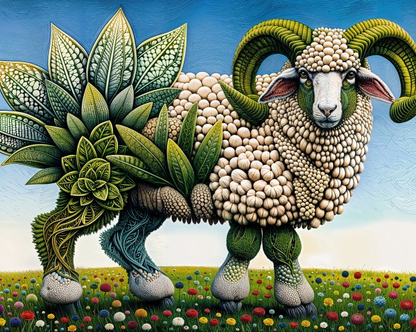 Detailed Artwork of a Succulent Ram in a Flower Field