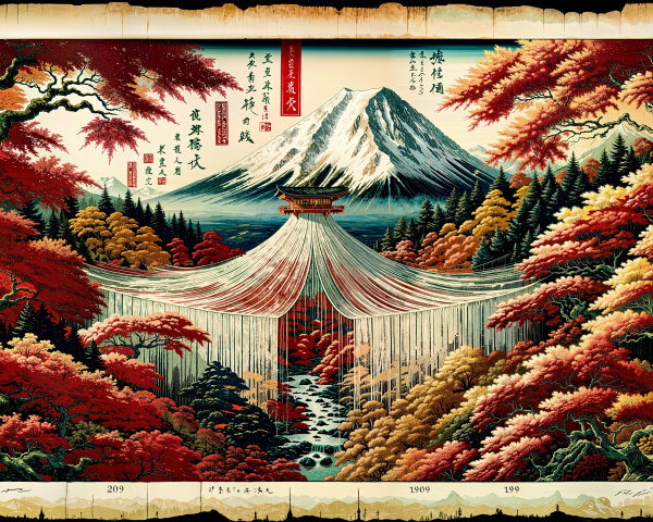 Vibrant Japanese Autumn Landscape with Waterfall and Mountain