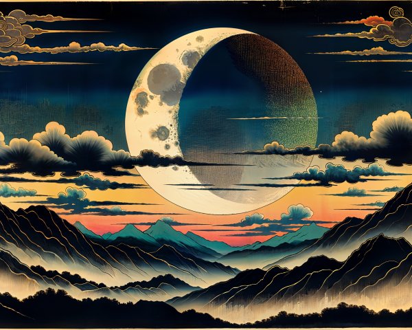 Majestic Mountains and Crescent Moon at Twilight