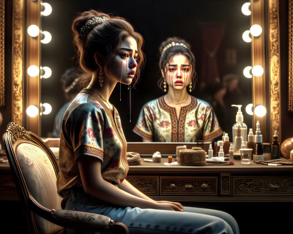 Young woman at ornate vanity in dimly lit room