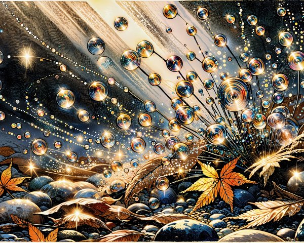 Bubbles and Autumn Leaves on Dark Background