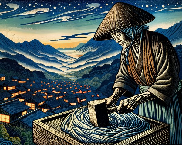 Elderly Woman Pounding Fibers in Mountainous Landscape