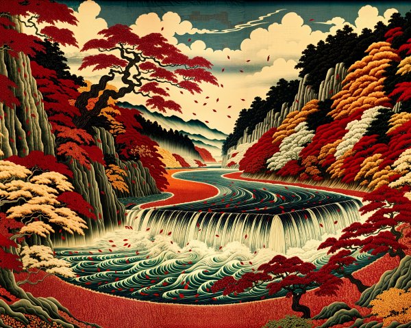 Autumn Landscape with River and Waterfalls