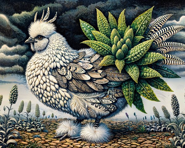 Portrait of a white silkie hen on a cobblestone path