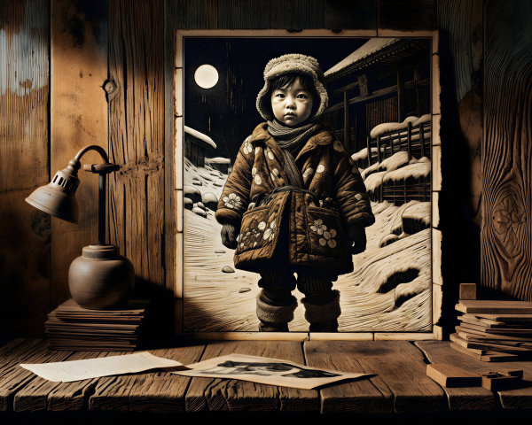 Wooden Scene of Child in Snowy Landscape by Moonlight