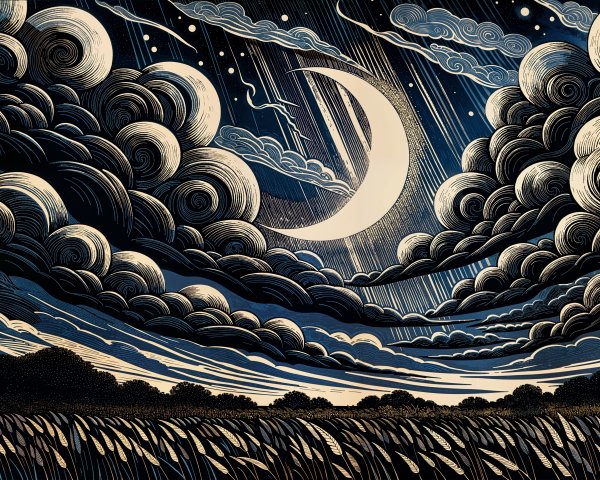 Dramatic Night Sky with Crescent Moon and Silhouetted Landscape