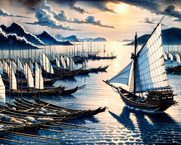 Tranquil Maritime Landscape with Sailing Ships at Dawn
