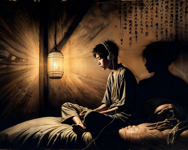 Dark Painting of Young Man with Headphones in Bed
