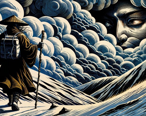 Lone Traveler in Snowy Landscape with Haunting Clouds