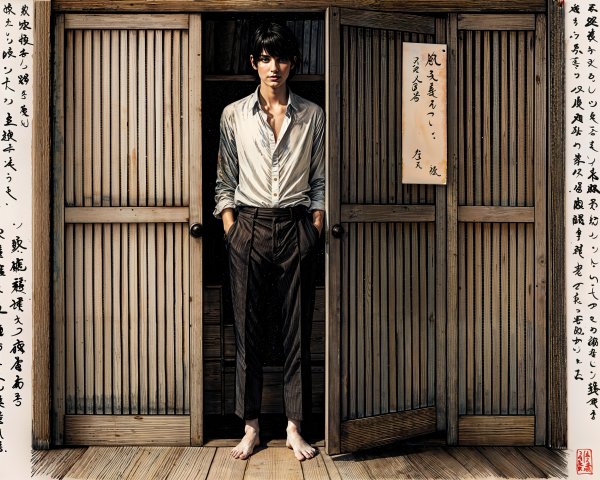 Young man in doorway with calligraphy decor