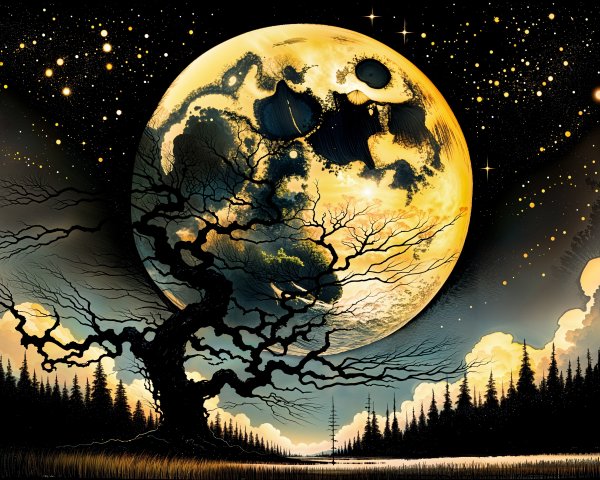 Haunting Landscape with Glowing Moon and Dark Tree