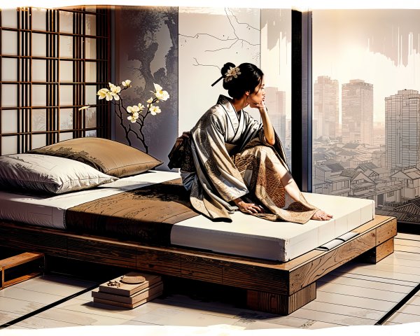 Serene Interior with Woman in Traditional Kimono