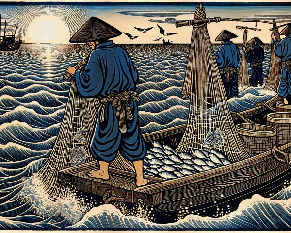 Fishermen in Blue Attire Casting Nets at Sunrise