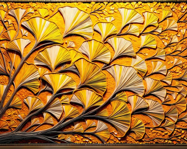 Textured Artwork of Ginkgo Leaves in Yellow and Cream